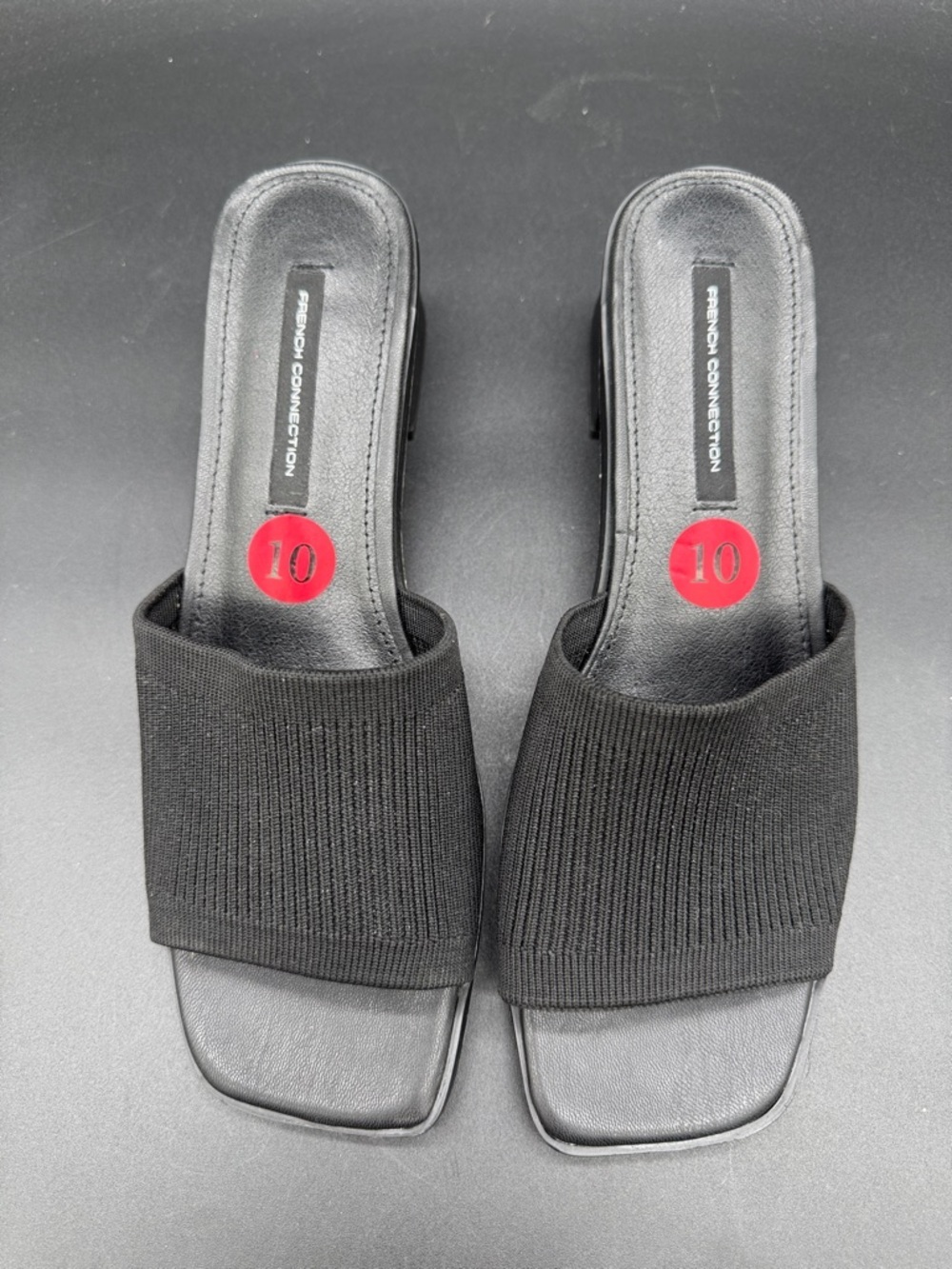 French Connection Black Ribbed Knit Square Toe Slide Mules Block Heel Size 10